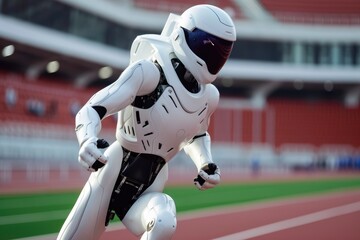 Fototapeta premium Digital Dash: White Robotic Runner at the Olympic Track