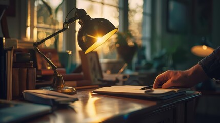 Naklejka premium Close up of a hand adjusting a lamp, light casting shadows and illuminating a blurred, quiet study corner, sharpen with copy space