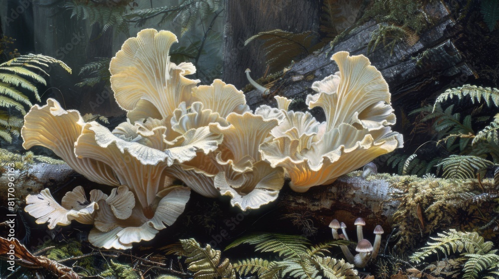 Poster large, fan-shaped fungi sprouting from a log, with a background of ferns and forest flora.
