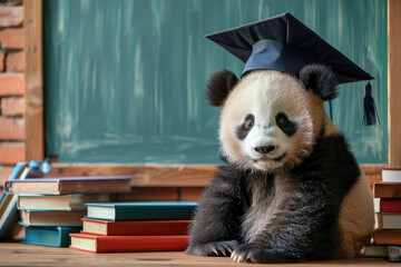 Cute panda cub in an academic cap is ready to gain knowledge, study and for the start of the school...