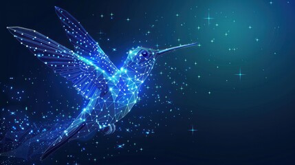 Hummingbird flying bird from futuristic polygonal blue lines and glowing stars for banner, poster, greeting card. Vector illustration AI generated