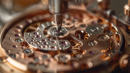A detailed close-up view of the intricate inner workings of a mechanical watch, showcasing gears,...