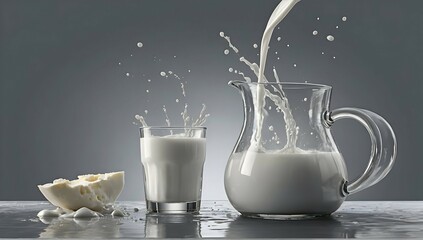 a milk being poured out from the pitcher on the glass table surface, best quality, cloudy gray background, digital HD art, highly detailed, concept art, ultra realistic digital illustration