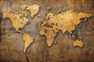 A close up of a map of the world on a wooden surface
