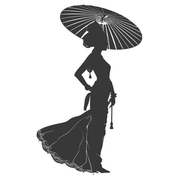 silhouette independent thai women wearing chut thai with umbrella black color only