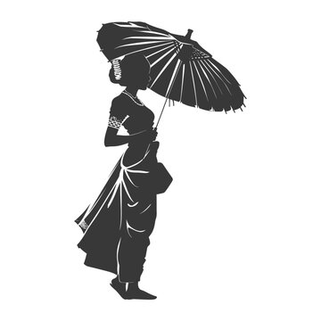 silhouette independent thai women wearing chut thai with umbrella black color only