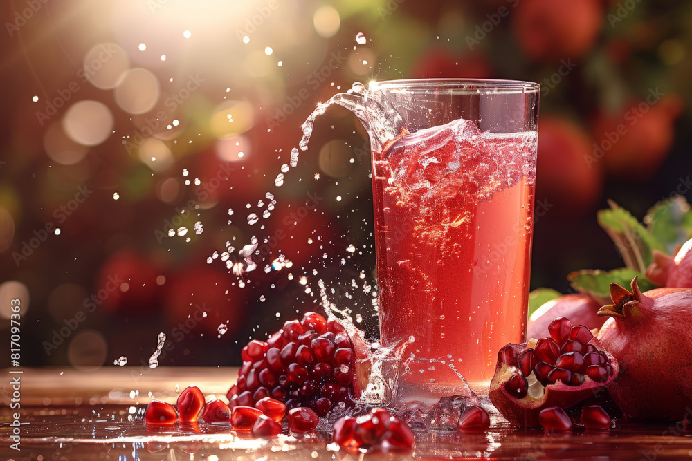 Fototapete a glass containing pomegranate juice with a splash of water creating a refreshing and colorful drink
