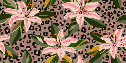 Exotic hand drawn flowers print, seamless patterns with floral and leopard for fabric, textiles, clothing, poster, cover, banner, wall art, home decor, abstract backgrounds. © Udomdech