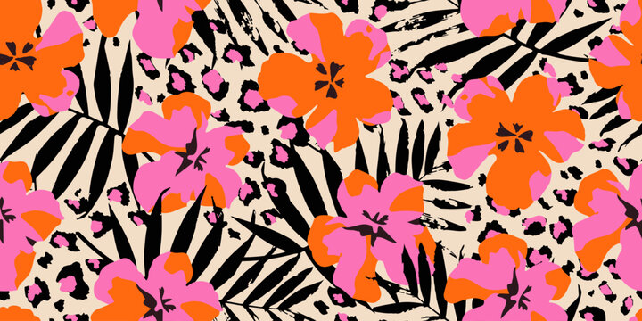 Exotic hand drawn flowers print, seamless patterns with floral and leopard for fabric, textiles, clothing, poster, cover, banner, wall art, home decor, abstract backgrounds.