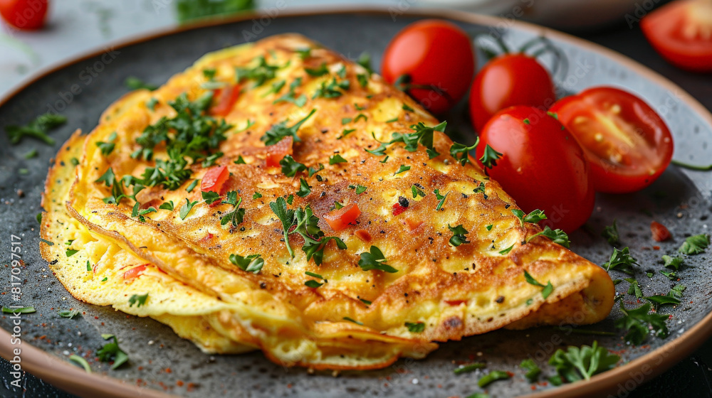 Aufkleber a freshly cooked omelette is displayed on a white plate, adorned with ripe red tomatoes and fragrant
