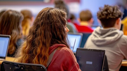 A group of individuals sitting in a classroom setting, all engaged with laptops in front of them.
