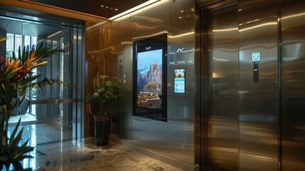 A high-resolution display in a hotel elevator showcases local attractions, hotel amenities, and weather updates.