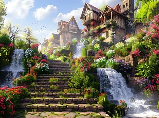 Beautiful fantasy medieval garden with waterfalls, stone stairs and beautiful houses in the background, fantasy landscape, colorful flowers,
