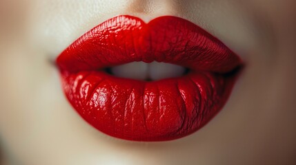 Obraz premium Close up view of a womans lips with bold red lipstick, forming a beautiful pout