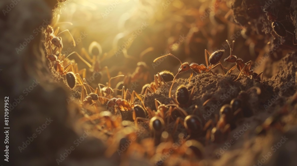 Poster Macro shot of ants tending to their larvae inside an anthill, revealing the nurturing aspect of their behavior.