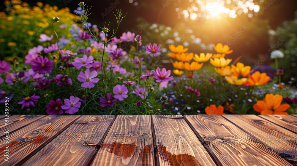 Poster a wooden table is visible in the foreground, adorned with colorful flowers. in the background, a gar