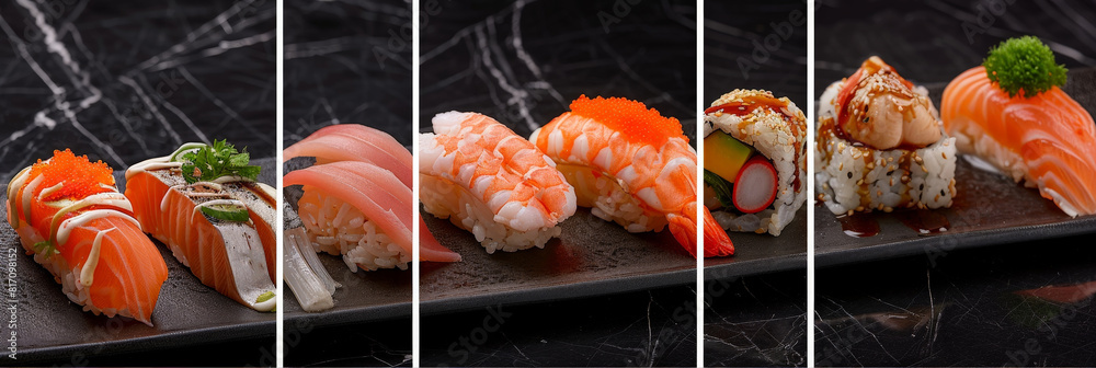 Poster a row of assorted sushi neatly arranged on a sleek black plate. the sushi pieces are glistening and 
