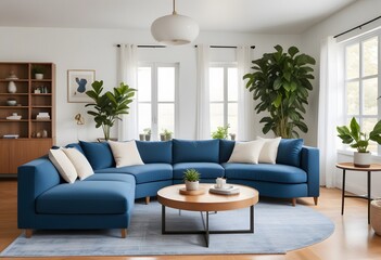 Blue modular corner sofa against the blank brown stucco wall, offering ample copy space for your creative touch