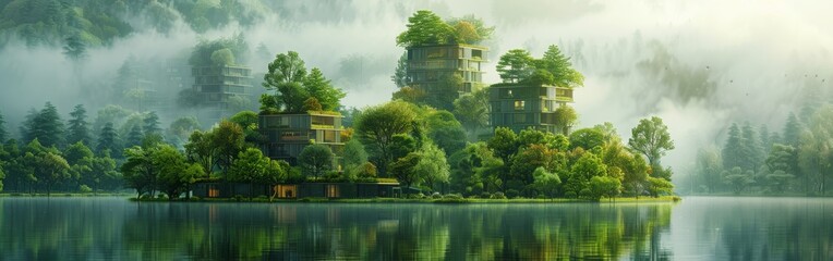 A lush green island with a forest and a lake - Powered by Adobe