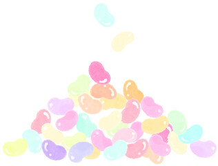 Pile of multiple jelly bean candies on transparent background, water color texure
