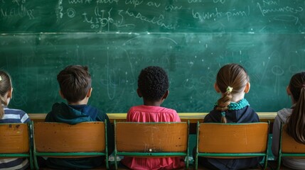 Children actively engaged in learning, sitting in rows in front of a blackboard, focused on the lesson being taught.