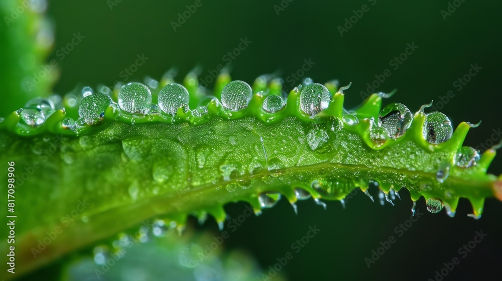Poster macro view of water droplets clinging to the serrated edges of a green leaf, resembling a miniature 