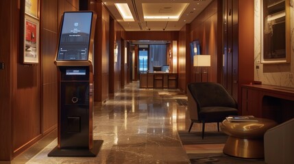 A sleek and user-friendly self-service kiosk allows guests to check in and out of the hotel efficiently. A high-resolution screen displays clear instructions.