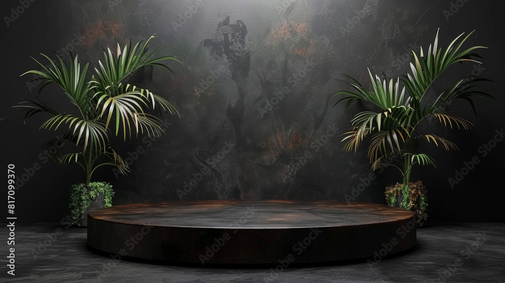 Aufkleber a circular stage adorned with various green plants at the forefront, set against a solid black wall.
