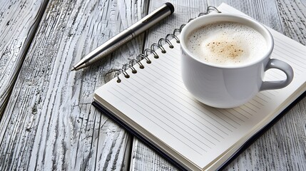 Open a blank white notebook, pen and cup of coffee on the desk - Powered by Adobe