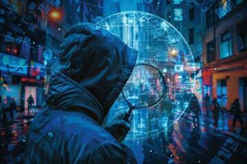 Person in hooded jacket with magnifying glass