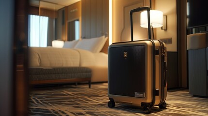 A sleek suitcase with built-in GPS tracking and wireless charging capabilities for mobile devices sits in a hotel room.