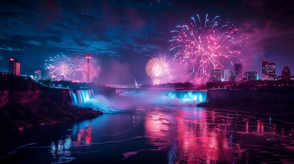 Fireworks illuminate the night sky over Niagara Falls on Canada Day, bursting with vivid colors against the backdrop of the iconic waterfall