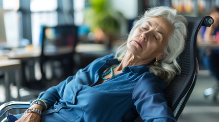 Elderly woman sleeping in an office chair, looking peaceful and relaxed. Ideal for content on senior lifestyle, workplace dynamics, and health in digital marketing and editorial.