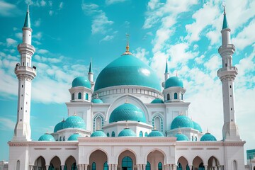 Giraffes in front of white building with blue domes