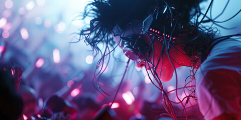 A cyberpunk musician, wires and lights entwined, unleashes a sonic assault on an enraptured crowd. 