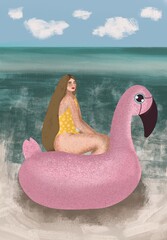A woman in a yellow swimsuit with long hair against the background of the sea, a woman with an inflatable flamingo