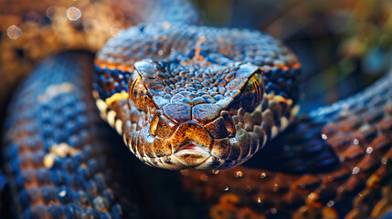 Fototapeta premium Closeup of a snake's head. A detailed image capturing the intricate features of a snake's head, highlighting its scales, eyes, and forked tongue.