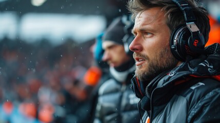 A man wearing headphones stands on the sidelines, likely a football commentator at a match
