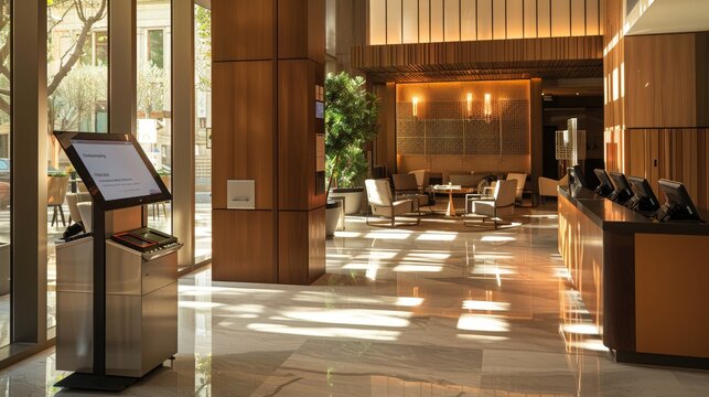 A sleek and user-friendly self-service kiosk allows guests to check in and out of the hotel efficiently. A high-resolution screen displays clear instructions.