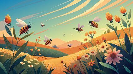 Bucolic Sunset Bees over Colorful Blossoming Fields Illustration