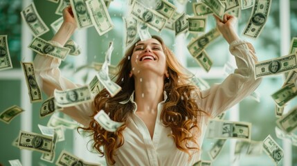 Happy woman surrounded by falling money, celebrating financial success. Perfect for financial services, wealth management, and marketing campaigns focusing on prosperity and financial freedom.