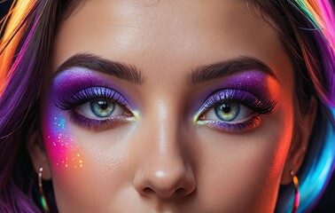 woman with bright makeup and rainbow hair is looking at the camera with a serious look on her face