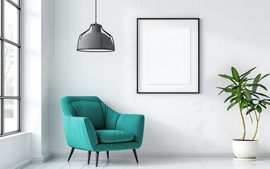 A modern interior with frames on the wall, a turquoise armchair and black hexagon patterns in a...