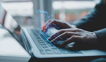 Businessman using digital tablet protecting business and financial data with virtual network...