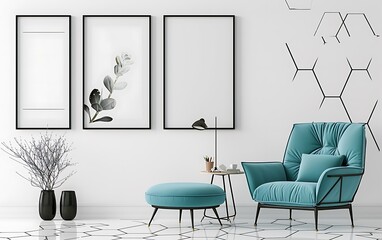 A modern interior with frames on the wall, a turquoise armchair and black hexagon patterns in a white room