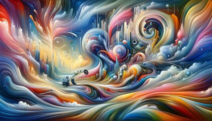 An artwork embodies a dream-like fusion of futurism and surrealism, like dynamic energy, motion and advancement