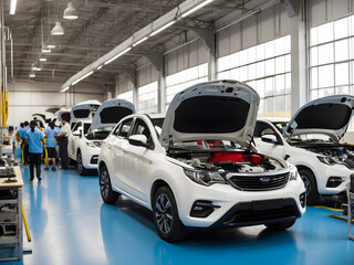 Obraz premium Labor Day and the importance of workers in the automotive industry assembling new cars in a workshop