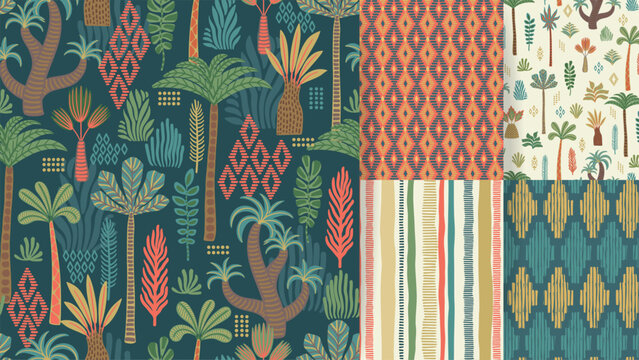 Boho Palms. Ethnic tropical seamless patterns with palms and geometric elements. Modern abstract design for paper, cover, fabric, interior decor and other