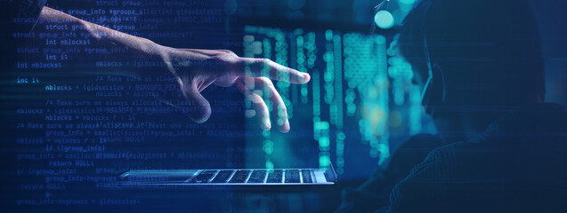 Hand close up, computer coding prompt cyber security computer network internet futuristic background reflect. Digital technology AI chatbot coding finance business data analytics programming online 