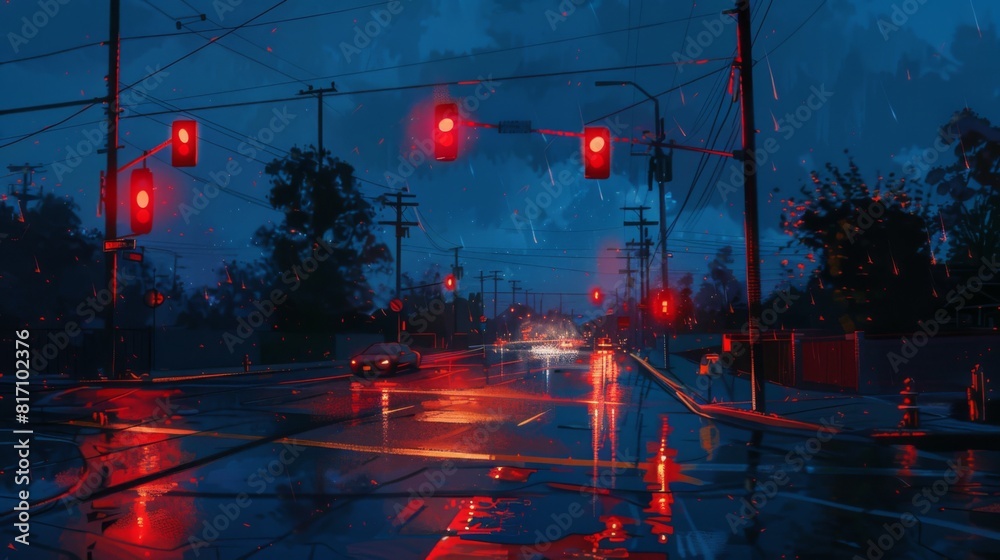 Poster nighttime scene with traffic lights glowing red, illuminating the wet pavement after a rainstorm.
